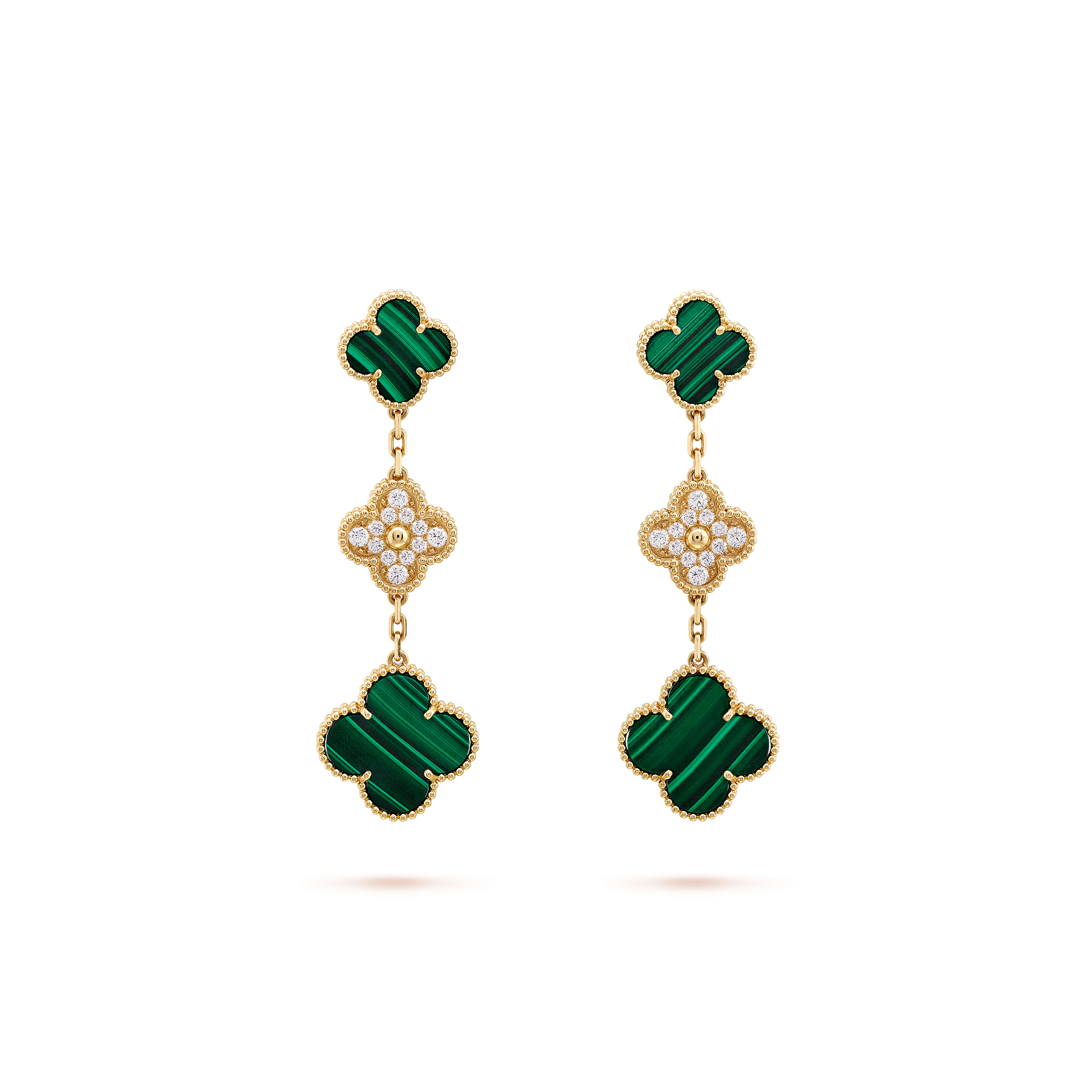 VAN CLEEF ARPELS MAGIC ALHAMBRA EARRINGS, 3 MOTIFS - YELLOW GOLD, DIAMOND, MALACHITE VCARO9II00 VAN CLEEF ARPELS MAGIC ALHAMBRA EARRINGS, 3 MOTIFS - YELLOW GOLD, DIAMOND, MALACHITE VCARO9II00
