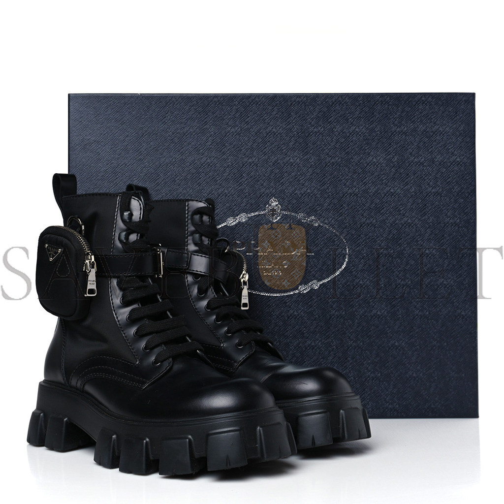 PRADA SPAZZOLATO ROIS RE-NYLON METAL TRIANGLE LOGO MENS MONOLITH POUCH POCKET 60MM COMBAT BOOTS 9.5 BLACK