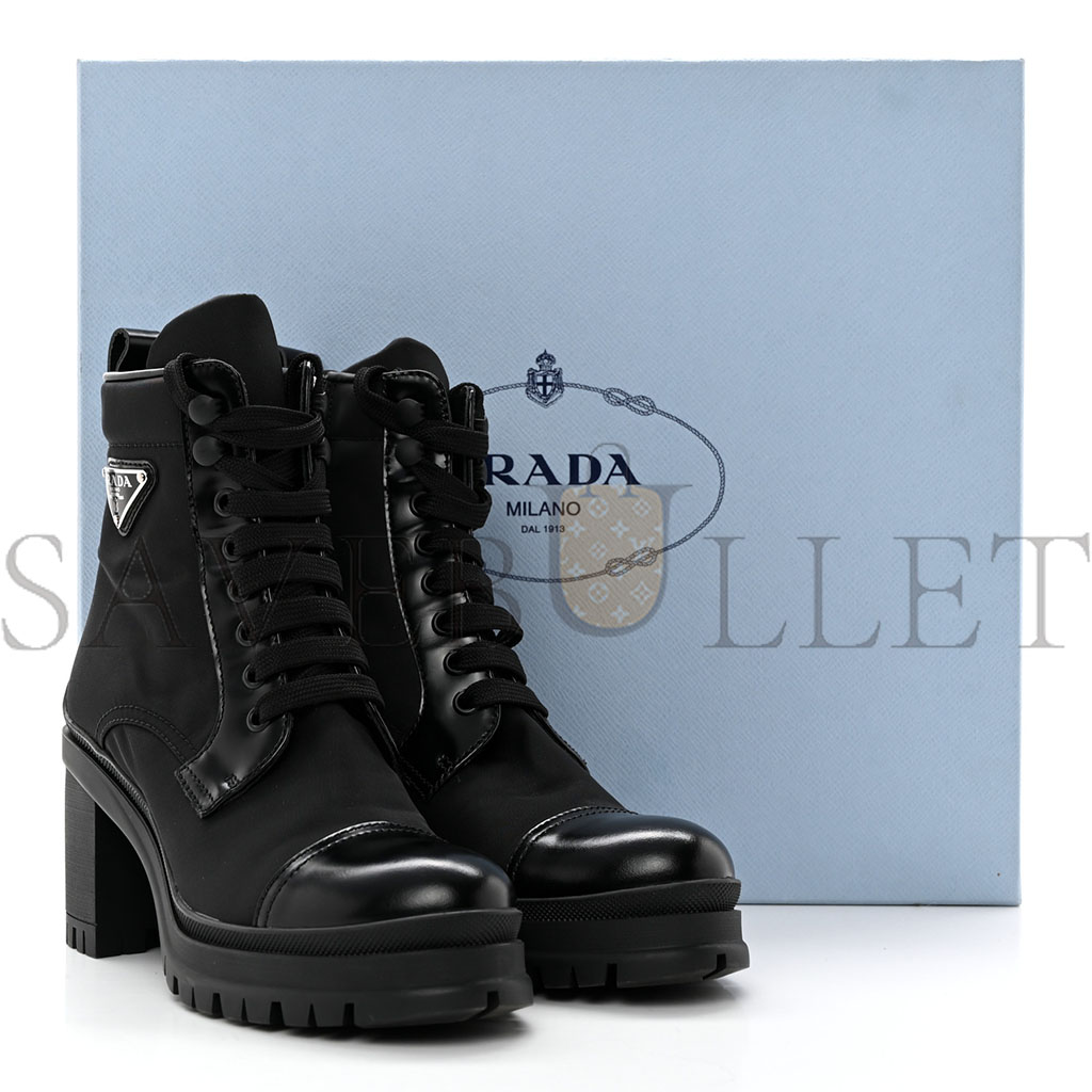 PRADA SPAZZOLATO RE-NYLON METAL TRIANGLE LOGO LACE UP 55MM ANKLE BOOTS 36.5 BLACK