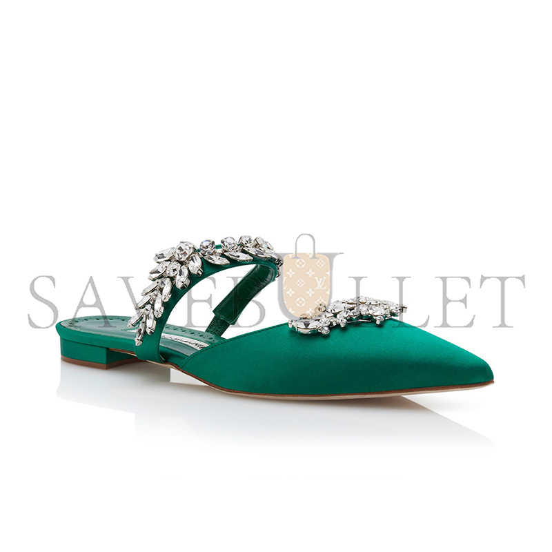 MANOLO BLAHNIK LURUMFLATUS GREEN SATIN CRYSTAL EMBELLISHED FLAT MULES 122-1947-0001 MANOLO BLAHNIK LURUMFLATUS GREEN SATIN CRYSTAL EMBELLISHED FLAT MULES 122-1947-0001