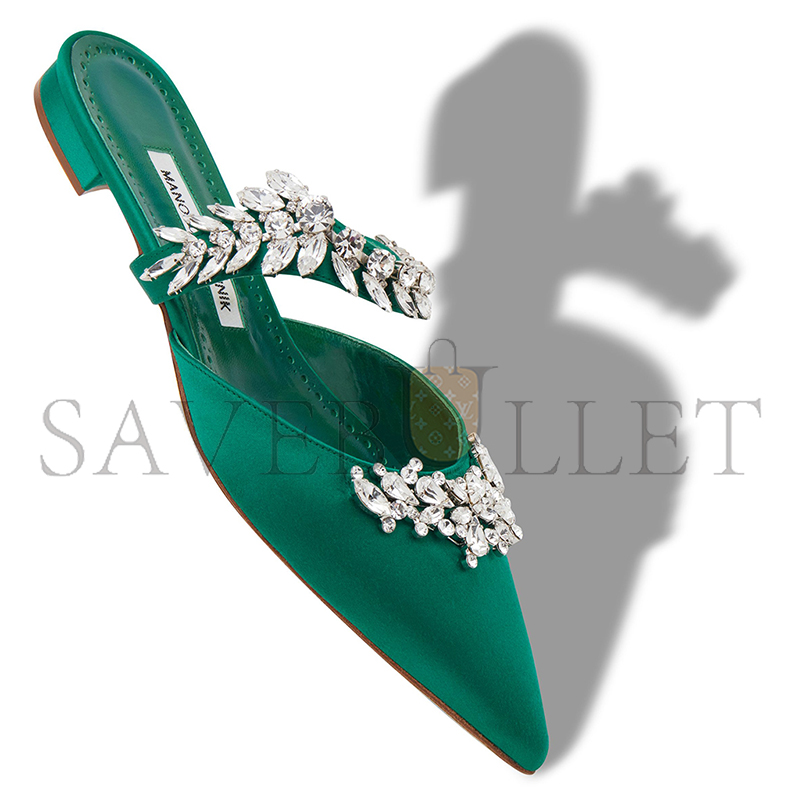 MANOLO BLAHNIK LURUMFLATUS GREEN SATIN CRYSTAL EMBELLISHED FLAT MULES 122-1947-0001 MANOLO BLAHNIK LURUMFLATUS GREEN SATIN CRYSTAL EMBELLISHED FLAT MULES 122-1947-0001