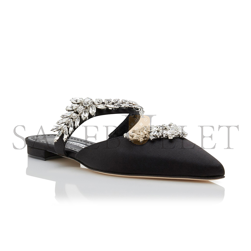 MANOLO BLAHNIK LURUMFLATUS BLACK SATIN CRYSTAL EMBELLISHED FLAT MULES 122-1947-0007 MANOLO BLAHNIK LURUMFLATUS BLACK SATIN CRYSTAL EMBELLISHED FLAT MULES 122-1947-0007
