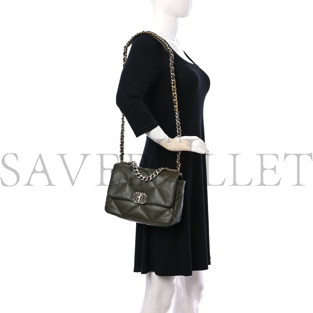 CHANEL LAMBSKIN QUILTED MEDIUM CHANEL 19 FLAP KHAKI SILVER HARDWARE (25*17*8cm) CHANEL LAMBSKIN QUILTED MEDIUM CHANEL 19 FLAP KHAKI SILVER HARDWARE (25*17*8cm)