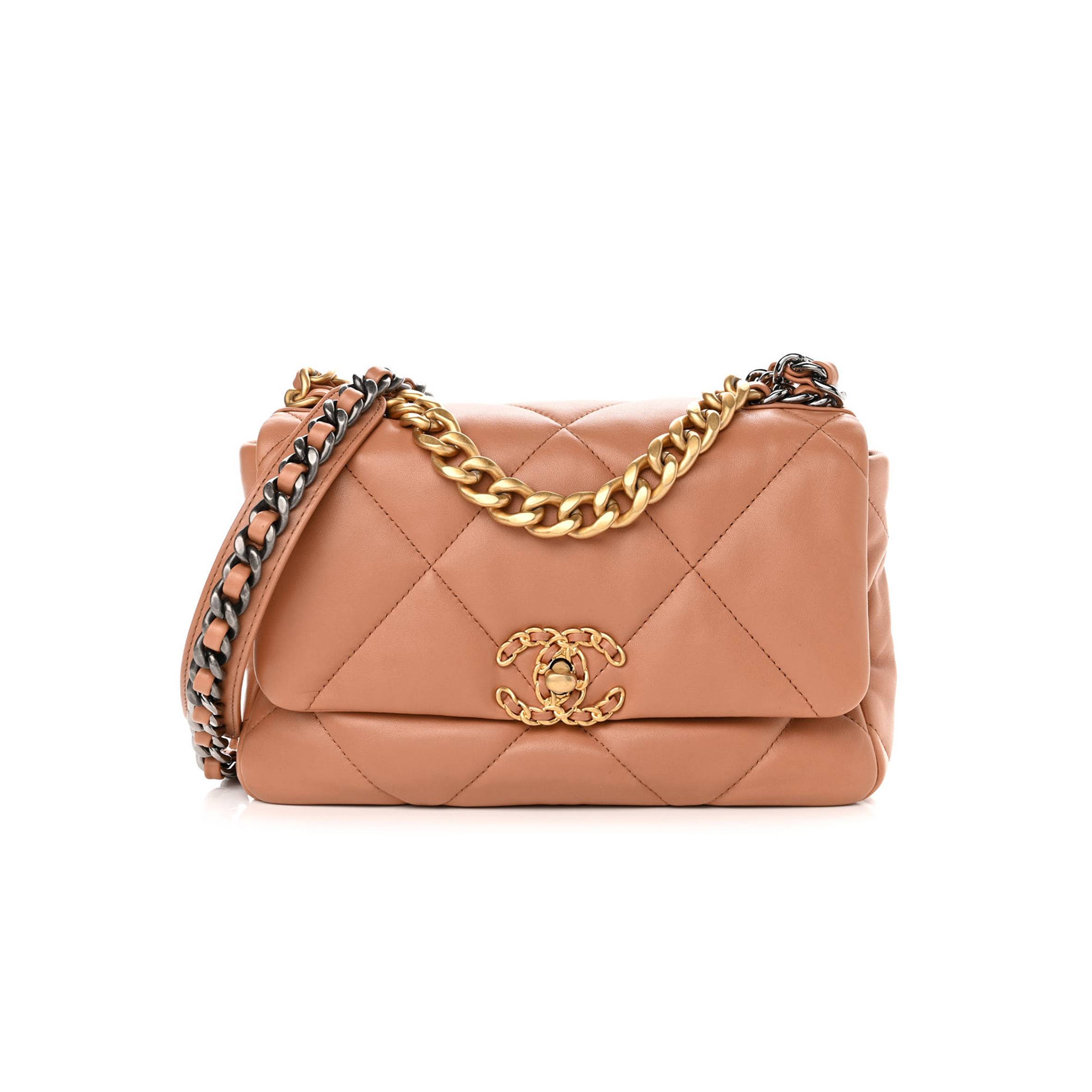 CHANEL LAMBSKIN QUILTED MEDIUM CHANEL 19 FLAP LIGHT BROWN GOLD HARDWARE (25*17*8cm) CHANEL LAMBSKIN QUILTED MEDIUM CHANEL 19 FLAP LIGHT BROWN GOLD HARDWARE (25*17*8cm)