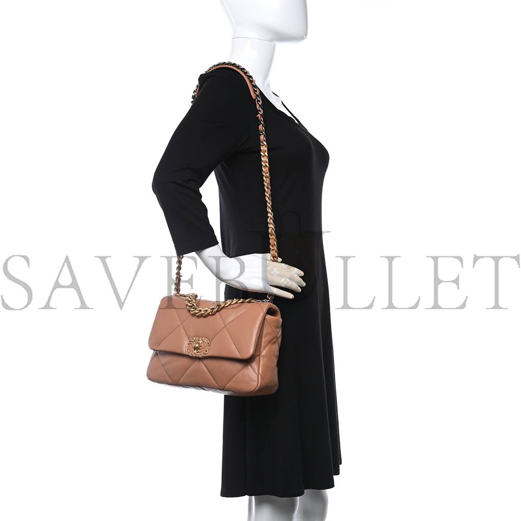 CHANEL LAMBSKIN QUILTED MEDIUM CHANEL 19 FLAP LIGHT BROWN GOLD HARDWARE (25*17*8cm) CHANEL LAMBSKIN QUILTED MEDIUM CHANEL 19 FLAP LIGHT BROWN GOLD HARDWARE (25*17*8cm)
