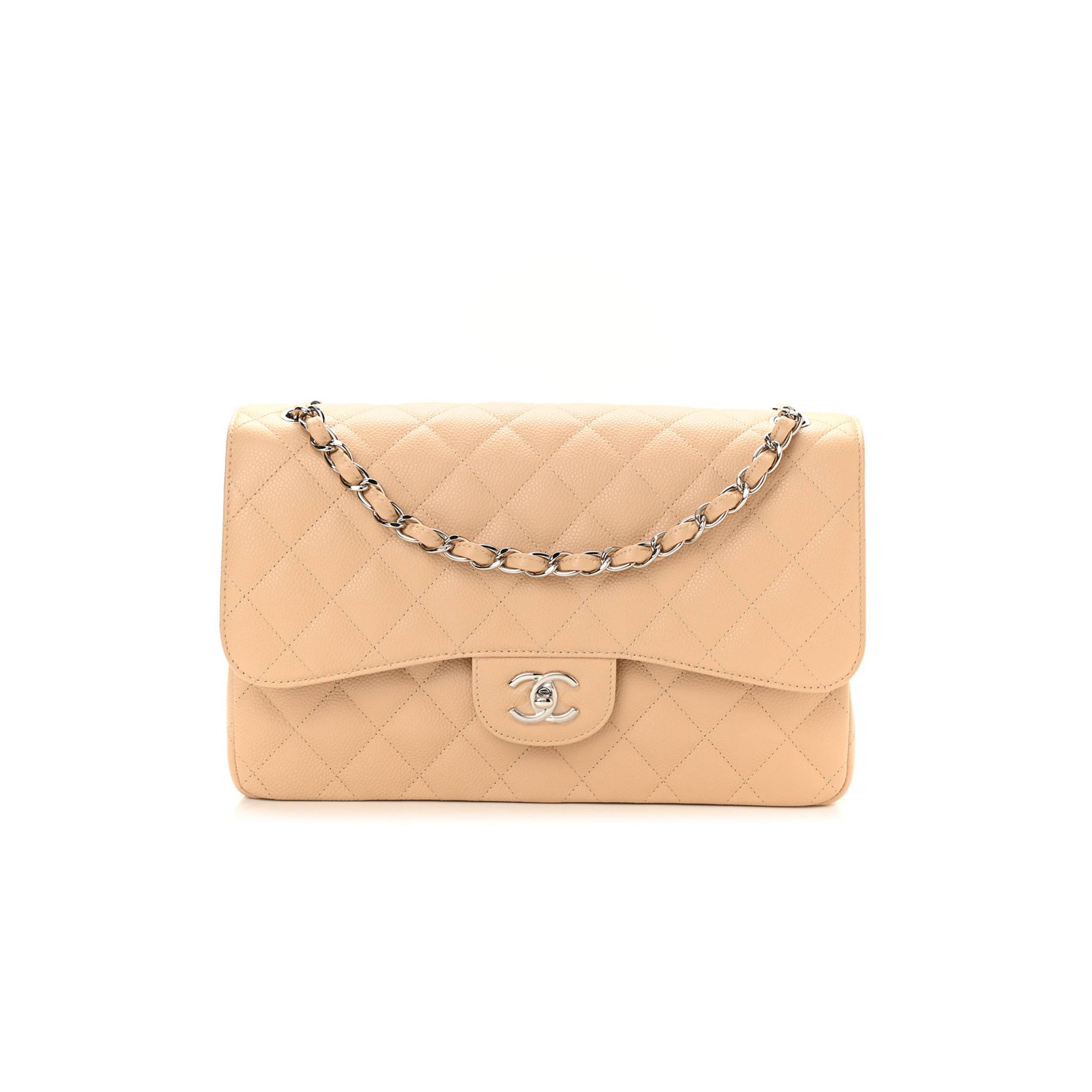 CHANEL CAVIAR QUILTED JUMBO DOUBLE FLAP BEIGE SILVER HARDWARE (30*19*9cm) CHANEL CAVIAR QUILTED JUMBO DOUBLE FLAP BEIGE SILVER HARDWARE (30*19*9cm)