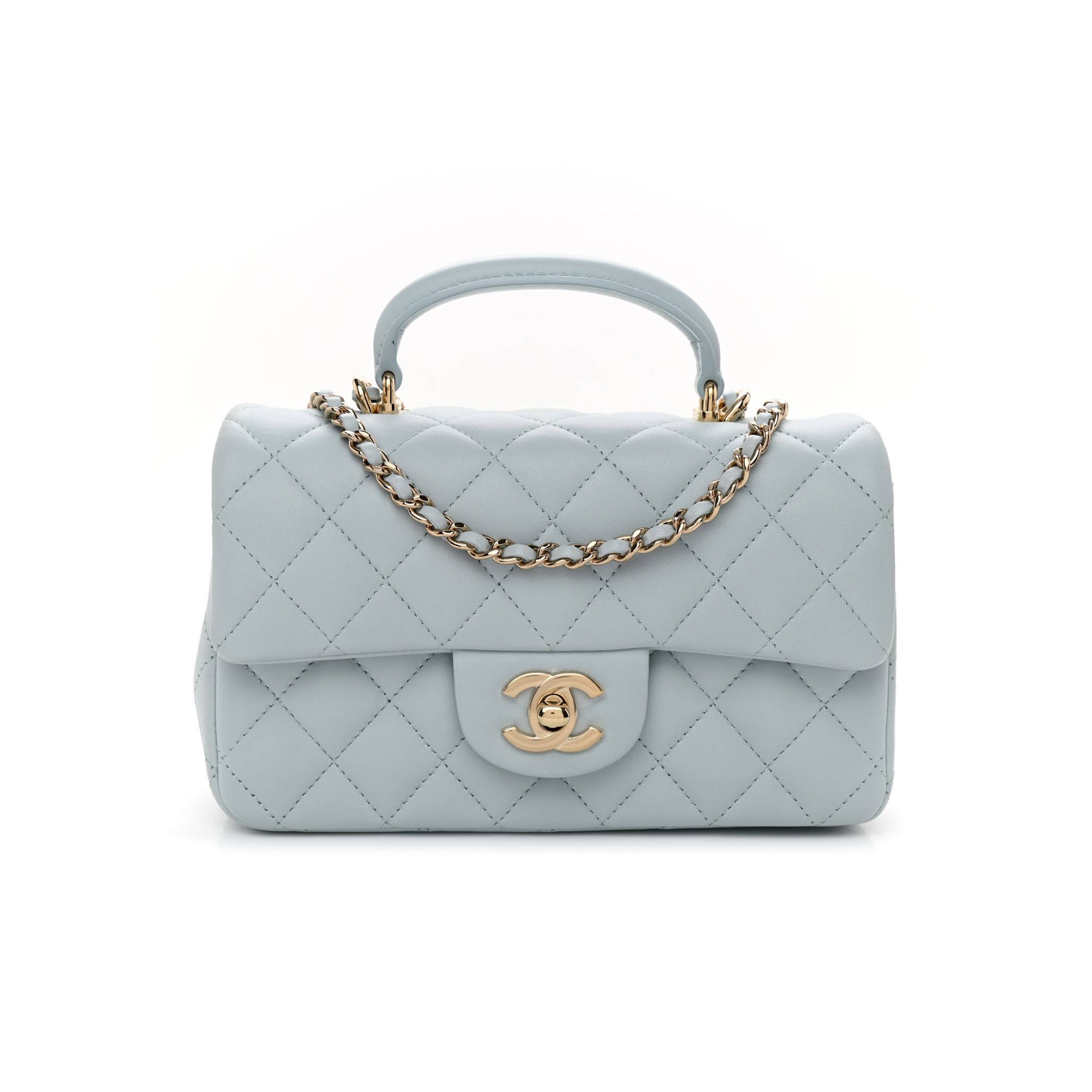 CHANEL LAMBSKIN QUILTED MINI TOP HANDLE RECTANGULAR FLAP LIGHT BLUE ROSE GOLD HARDWARE (19*12*6cm) CHANEL LAMBSKIN QUILTED MINI TOP HANDLE RECTANGULAR FLAP LIGHT BLUE ROSE GOLD HARDWARE (19*12*6cm)