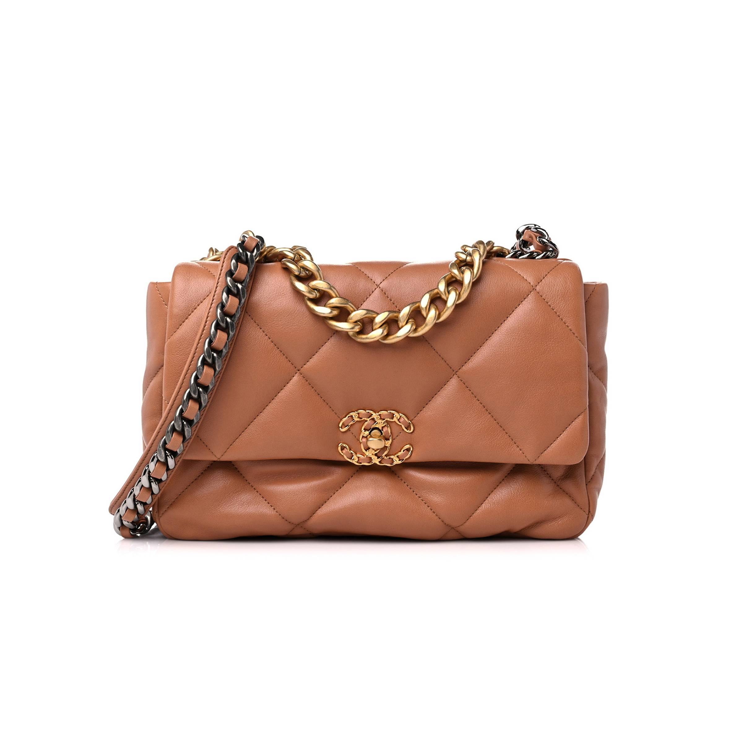 CHANEL LAMBSKIN QUILTED LARGE CHANEL 19 FLAP BROWN GOLD HARDWARE (30*20*9cm) CHANEL LAMBSKIN QUILTED LARGE CHANEL 19 FLAP BROWN GOLD HARDWARE (30*20*9cm)