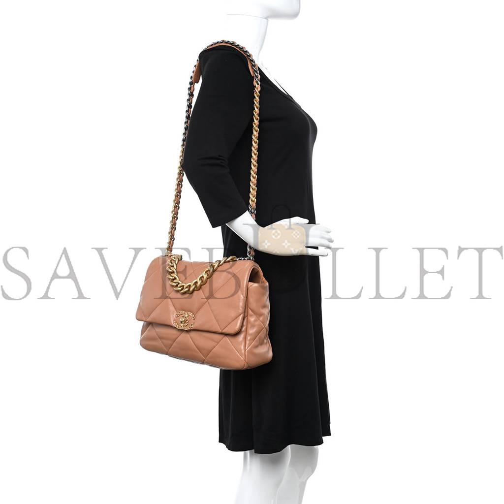 CHANEL LAMBSKIN QUILTED LARGE CHANEL 19 FLAP BROWN GOLD HARDWARE (30*20*9cm) CHANEL LAMBSKIN QUILTED LARGE CHANEL 19 FLAP BROWN GOLD HARDWARE (30*20*9cm)