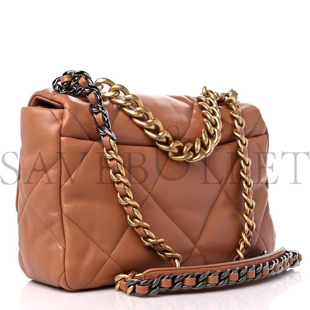 CHANEL LAMBSKIN QUILTED LARGE CHANEL 19 FLAP BROWN GOLD HARDWARE (30*20*9cm) CHANEL LAMBSKIN QUILTED LARGE CHANEL 19 FLAP BROWN GOLD HARDWARE (30*20*9cm)