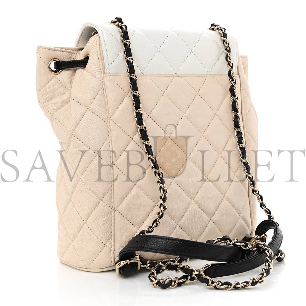 CHANEL GOATSKIN QUILTED DUMA DRAWSTRING BACKPACK BEIGE BLACK WHITE ROSE GOLD HARDWARE (23*22*12cm) CHANEL GOATSKIN QUILTED DUMA DRAWSTRING BACKPACK BEIGE BLACK WHITE ROSE GOLD HARDWARE (23*22*12cm)