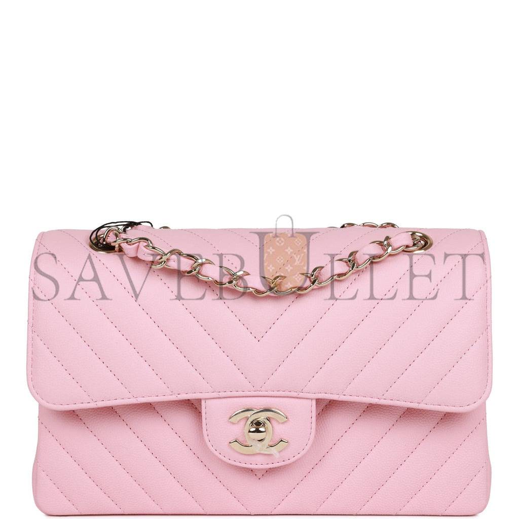 CHANEL SMALL CHEVRON CLASSIC DOUBLE FLAP PINK CALFSKIN LIGHT GOLD HARDWARE (23*13*6cm) CHANEL SMALL CHEVRON CLASSIC DOUBLE FLAP PINK CALFSKIN LIGHT GOLD HARDWARE (23*13*6cm)