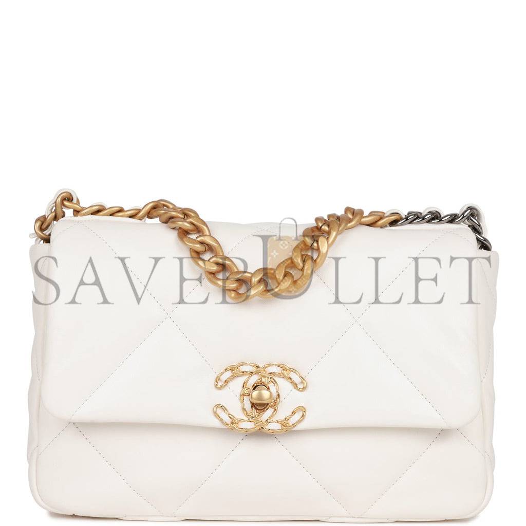 CHANEL MEDIUM 19 FLAP BAG WHITE CALFSKIN MIXED HARDWARE (25*16*9cm) CHANEL MEDIUM 19 FLAP BAG WHITE CALFSKIN MIXED HARDWARE (25*16*9cm)