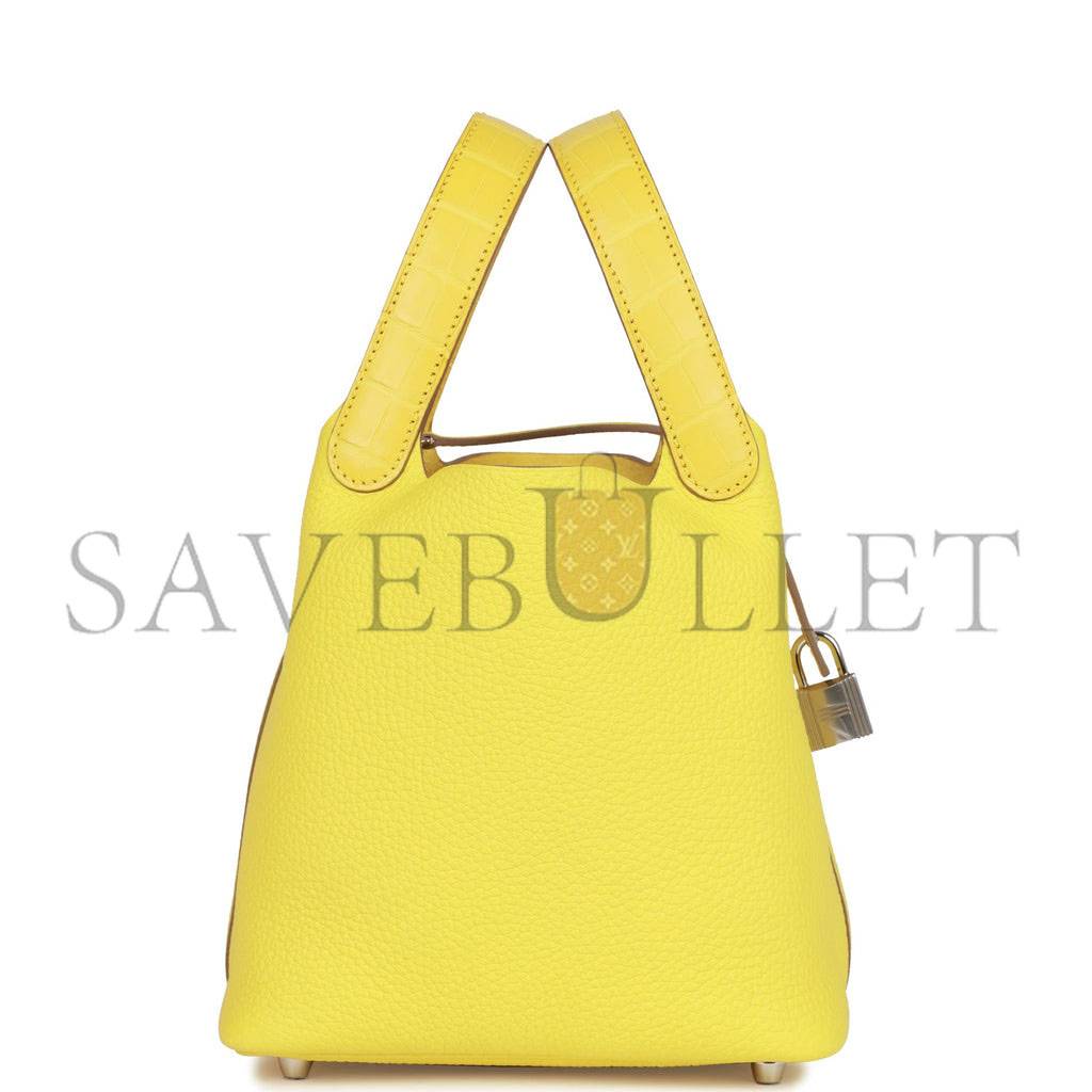 HERMES PICOTIN LOCK 18 MIMOSA MATTE ALLIGATOR AND LIME CLEMENCE TOUCH PALLADIUM HARDWARE(18*13*18cm) HERMES PICOTIN LOCK 18 MIMOSA MATTE ALLIGATOR AND LIME CLEMENCE TOUCH PALLADIUM HARDWARE(18*13*18cm)