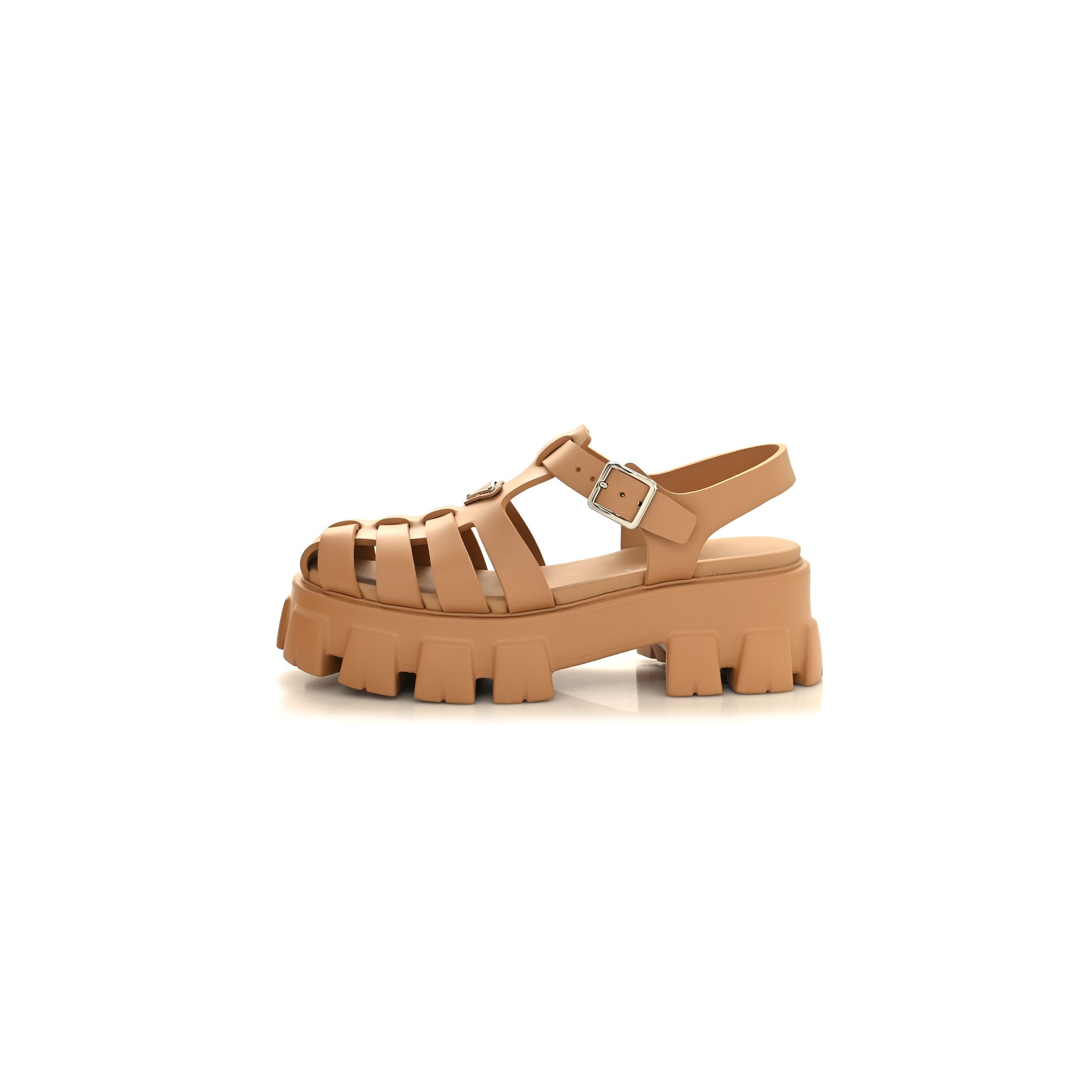 PRADA FOAM RUBBER METAL TRIANGLE LOGO MONOLITH 55MM CAGE SANDALS 41 ORZO PRADA FOAM RUBBER METAL TRIANGLE LOGO MONOLITH 55MM CAGE SANDALS 41 ORZO