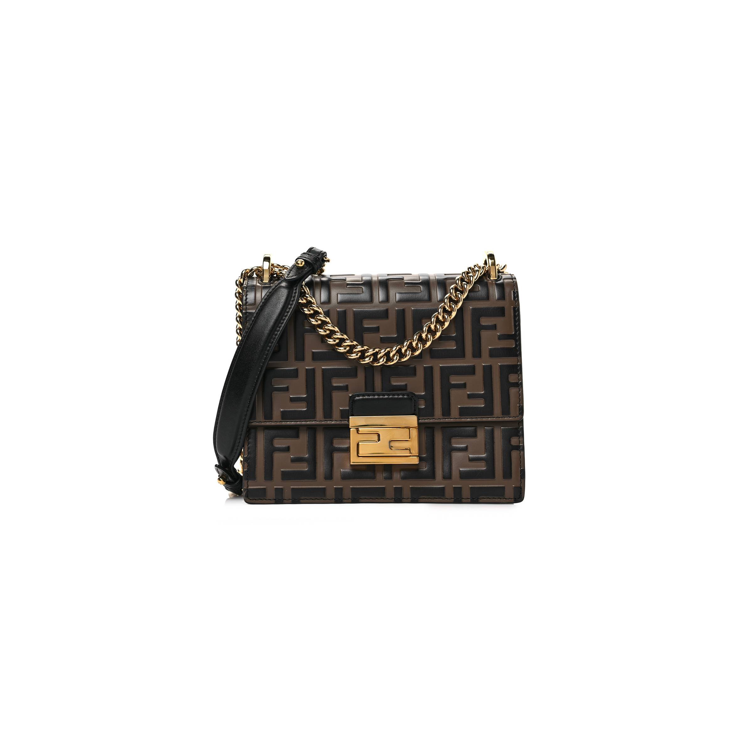 FENDI VITELLO LIBERTY BI-COLOR FF 1974 EMBOSSED SMALL KAN U SHOULDER BAG MAYA BLACK (19*15*8cm) FENDI VITELLO LIBERTY BI-COLOR FF 1974 EMBOSSED SMALL KAN U SHOULDER BAG MAYA BLACK (19*15*8cm)